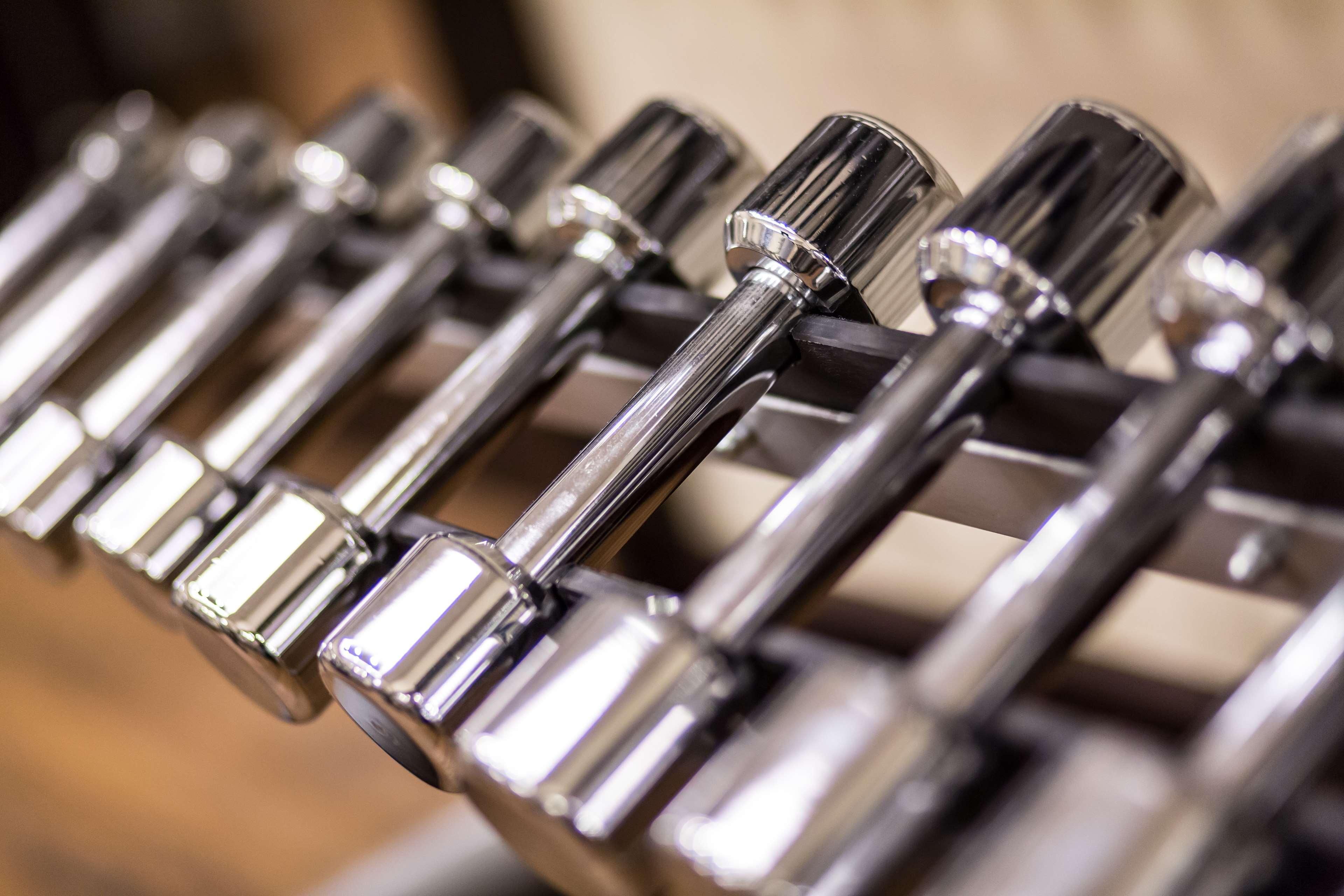 格但斯克，雷迪森布鲁酒店 外观 照片 The photo shows a close-up view of a row of chrome dumbbells arranged on a rack. The dumbbells have a shiny metallic finish, highlighting their weight and design. They vary in size, indicating different weights, and are typically used for strength tr
